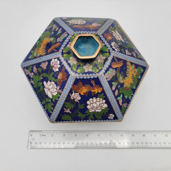 Antique Chinese Cloisonné Hexagonal Shaped Lidded Bowl - Picture 6 of 13